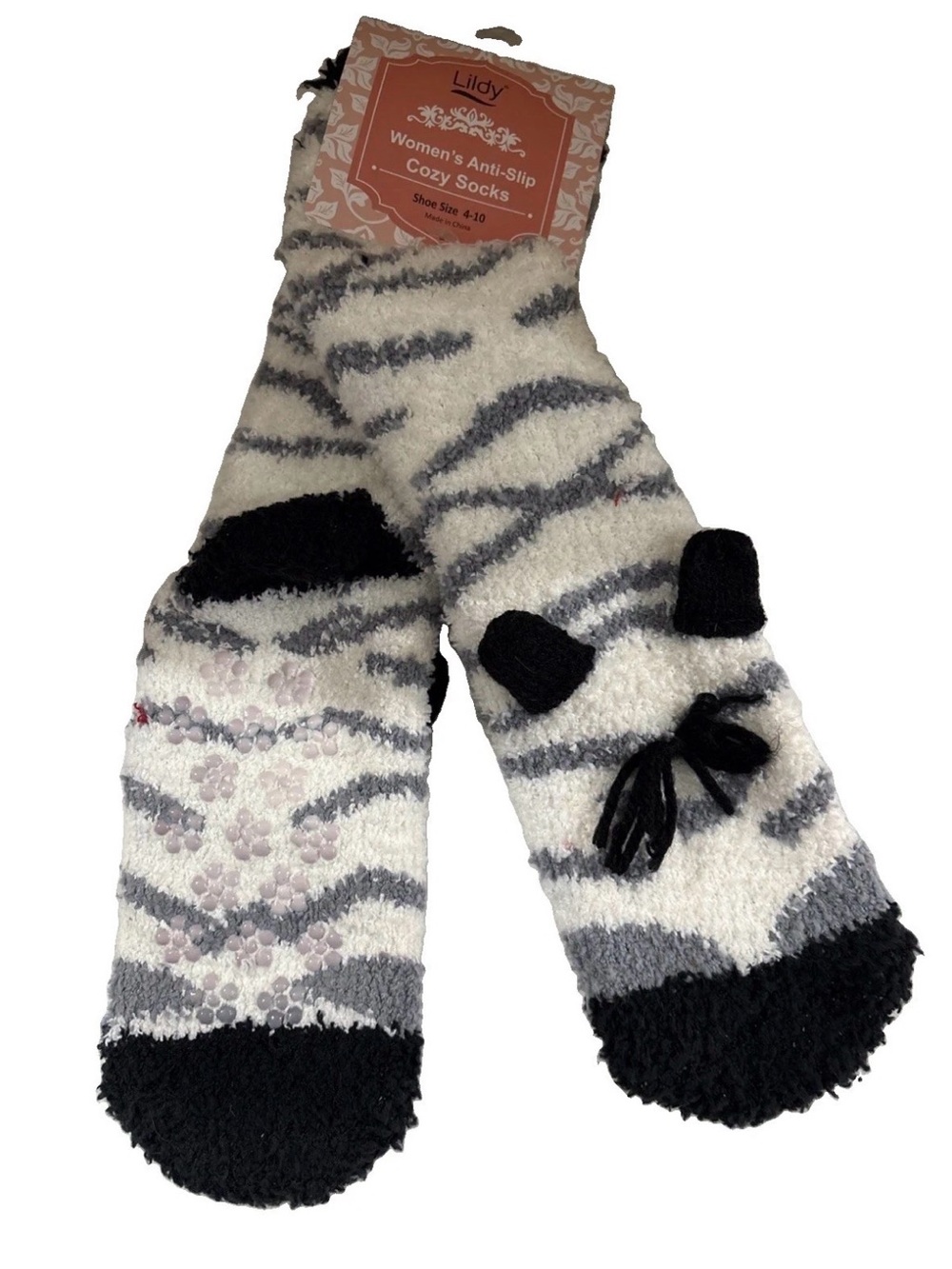 Zebra Anti-Slip Cozy Socks Black White Gray Lildy Women's M-4-10 NWT
